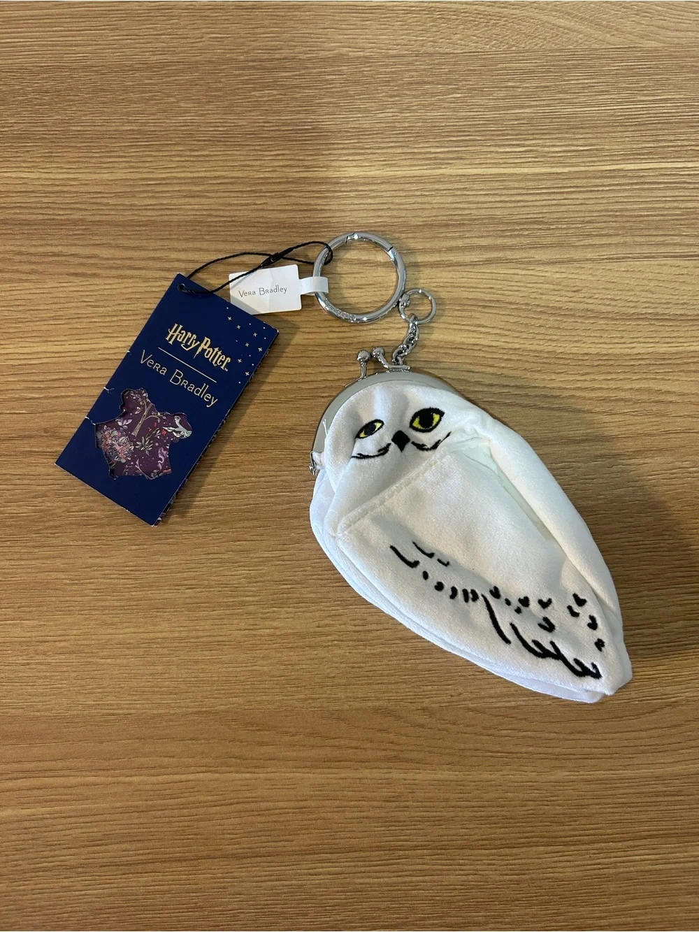 Vera Bradley White Owl Coin Purse Keychain with Yellow Eyes